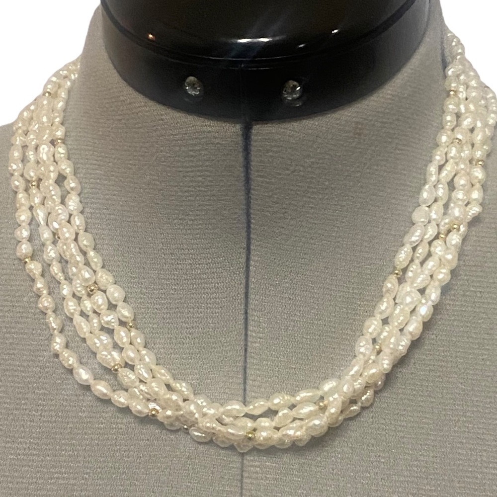 Vintage White Rice Pearl 5 Strand Necklace 18” w/ Faux Gold Accent Beads